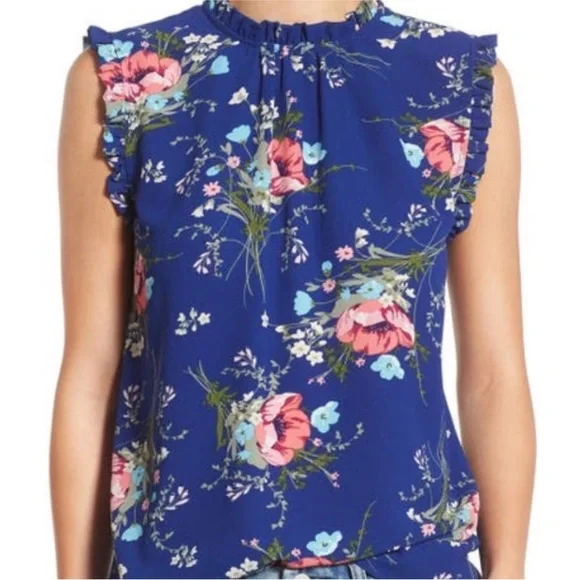 WAYF top size S blue pink floral ruffle trim sleeveless blouse shirt - Picture 2 of 7